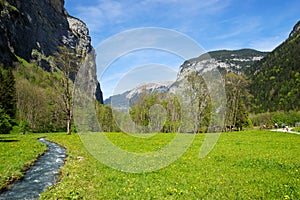 Green field at the base of the Swiss Alps