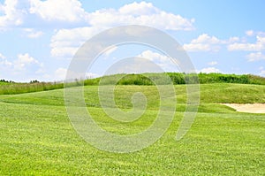 Green field and blue sky background, copy space