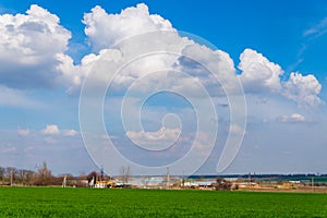 Green field and blue sky with clouds. Rural landscape