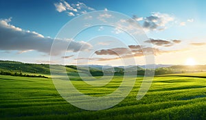 Green field, blue sky, white clouds, beautiful landscape,