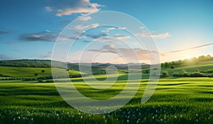 Green field, blue sky, white clouds, beautiful landscape,