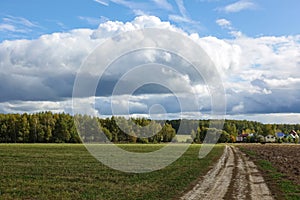 Green field with a country road and sky with clouds. Russia