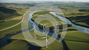 green field full of wind turbines