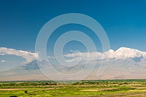 Green field and high mountain Ararat against the blue sky on a sunny day