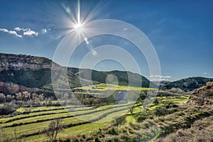 Green field with hills and a bright shining sun in the sky