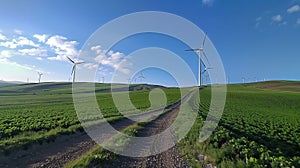 Green field and hills landscape with wind turbines in a sunny day with blue sky and puffy clouds