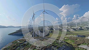 Green field and hills landscape with wind turbines in a sunny day with blue sky and puffy clouds