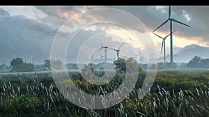 Green field and hills landscape with wind turbines in a sunny day with blue sky and puffy clouds