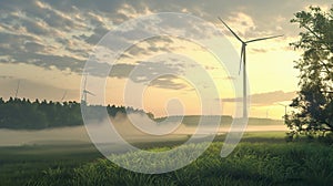 Green field and hills landscape with wind turbines in a sunny day with blue sky and puffy clouds