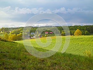Green field and hills. Nature of northern Poland