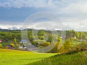 Green field and hills. Nature of northern Poland