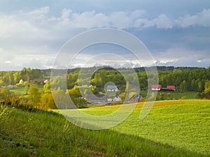 Green field and hills. Nature of northern Poland