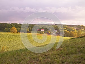 Green field and hills. Nature of northern Poland