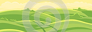 Green field landscape. Field track road. Spring grass. Agricultural farming acreage. Rural landscape. Vector background.