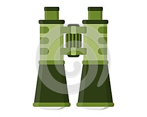 Green field, opera, military binoculars for observing distant objects. Touristic equipment for camping and tourism