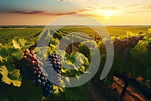 Green field with rows of vines for harvesting. Ripe grapes for the production of fine wines.