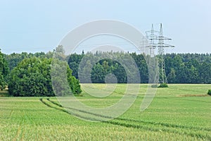 Green field with tractor tracks and high voltage towers, electricity pylons in the distant