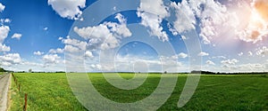 Green field with trees and blue sky. Panoramic view to grass, trees and flowers on the hill on sunny spring day