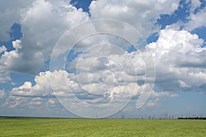 Green field under blue cloudy sky