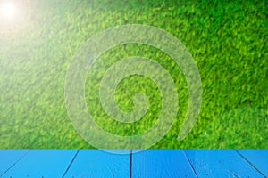 Green field under blue sky. Wood planks floor. Beauty nature background