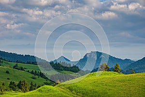 Green field and view of Trzy Korony, Pieniny Mountains Peak in Poland at Spring.