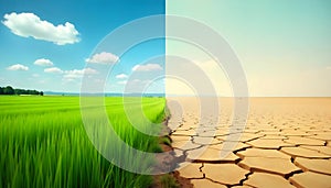 Green Field vs Dry Desert Climate Change Comparison photo