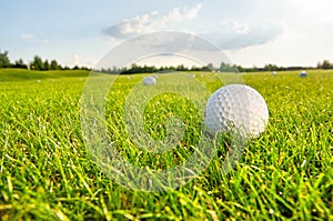 Green field and white golf ball sanset