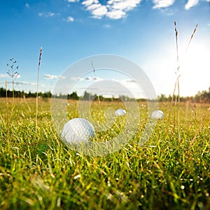 Green field and white golf ball sanset