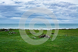 Green fields covered with antient boulders by a steel gray ocean under dramatick stormy sky in background. Cape Egmont