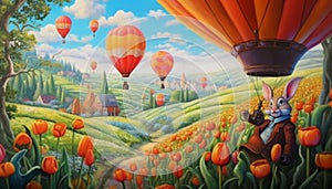 Green fields with flowers and hot air balloons flying