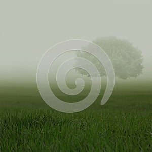 Green fields in heavy mist