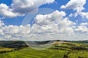 Green fields on hills under blue sky with puffy clouds