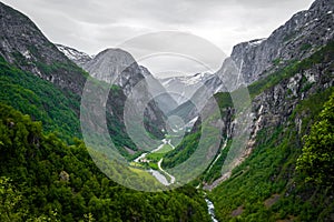 Green fields between the mountains