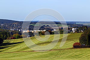 Green fields near the Goltzsch viaduct in Reichenbach-im-Vogtland, Germany