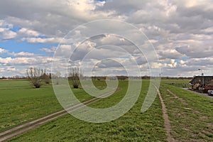 Green fields with willows behind a dam, flooding area of river Scheldt in the flemish countryside