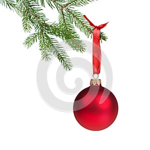 Green fir branch with red christmas ball