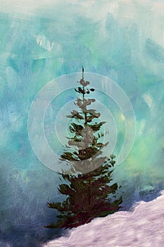 Green fir tree on abstract emerald oil paint texture on canvas, background art