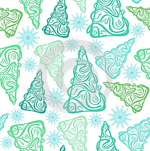 Green fir-trees and blue snowflakes pattern