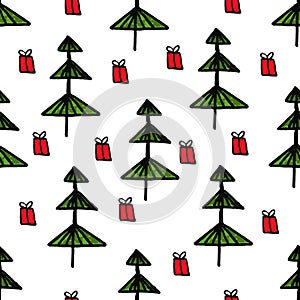 Green fir trees on a white background with gift box. Christmas Seamless pattern of winter cartoon forest. New Year