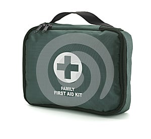 Green first aid kit isolated on white (path)