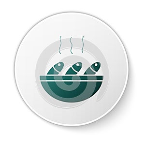 Green Fish soup icon isolated on white background. White circle button. Vector.