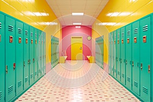 Green fitness lockers bright and yellow wall. Interior of bright colors in cinematic style. Generative Ai content photo