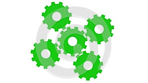 Green five gears spinning . White background. Alpha channel