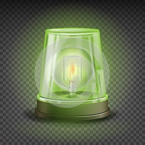 Green Flasher Siren Vector. Realistic Object. Light Effect. Rotation Beacon. Warning And Emergency Flashing Siren