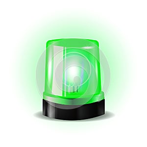 Green flashers Siren Vector. Realistic Object. Light Effect. Beacon For Police Cars Ambulance, Fire Trucks. Emergency