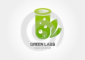 Green flask with leaves, lab icon. Vector logo design template