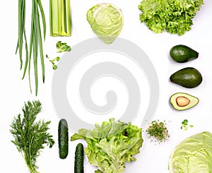 Green flat lay organic concept on white background and empty sp