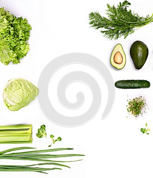 Green flat lay organic concept on white background and empty sp