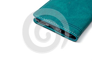 A green flip case with pockets for bank cards and IDs to protect your smartphone