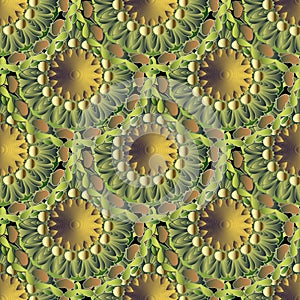 Green floral 3d vector seamless mandalas pattern. Leafy ornamental surface background. Textured repeat decorative tiled backdrop.